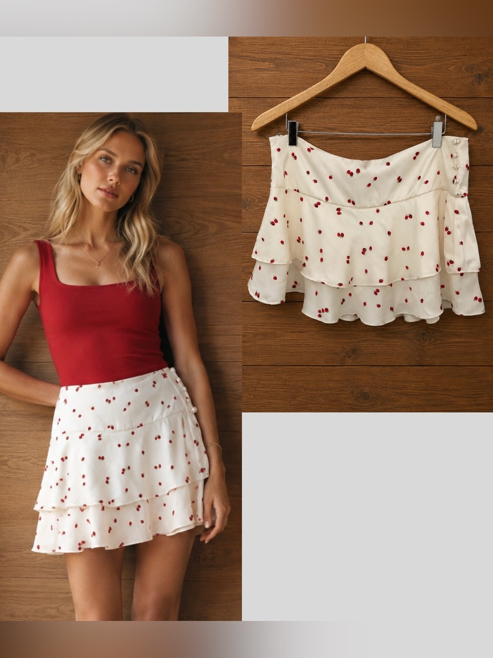 Zara Strawberry print Cream Mini Layered Skirt